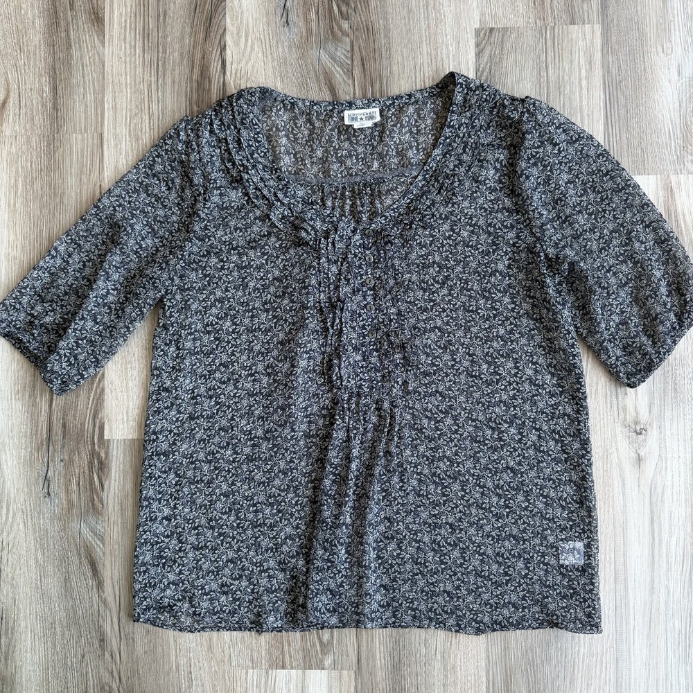 Y2K Converse‎ One Star Sheer Chiffon Blouse Half Sleeve Shirt XL Black Floral